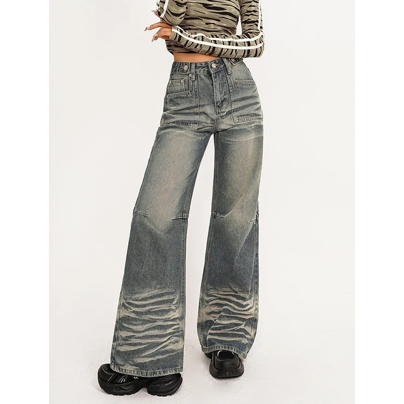 Y2K Vintage Blue High Waist Wide Leg Jeans - American Fashion Denim Trouser