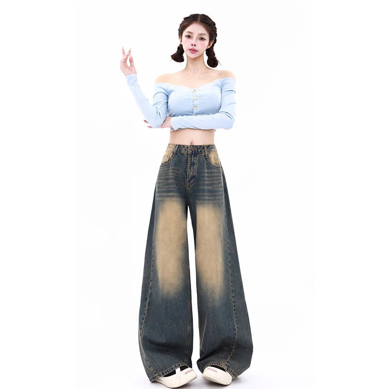 Y2K Vintage Blue High Waist Wide Leg Jeans - American Streetwear Fashion