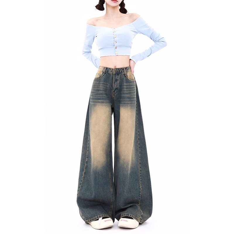 Y2K Vintage Blue High Waist Wide Leg Jeans - American Streetwear Fashion