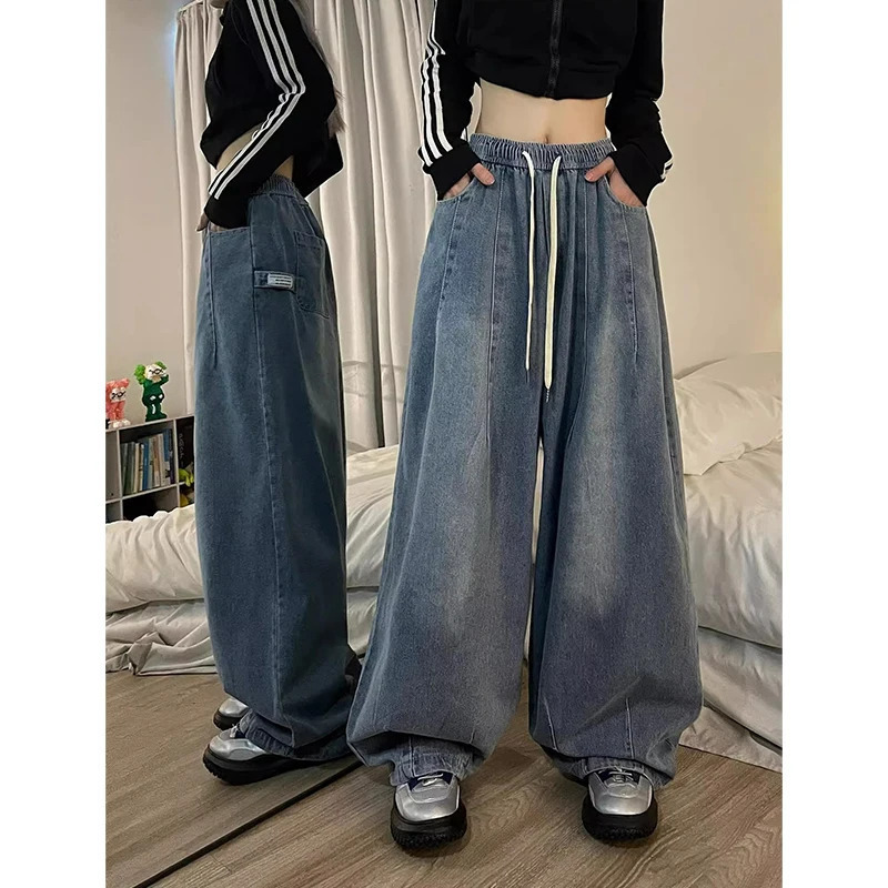 Y2K Vintage Blue High Waist Wide Leg Jeans - American Streetwear Fashion