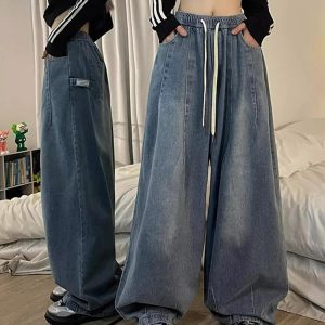 Y2K Vintage Blue High Waist Wide Leg Jeans - American Streetwear Fashion