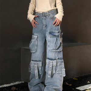 Y2K Vintage Blue High Waist Wide Leg Jeans - Chic American Fashion Streetwear for Women