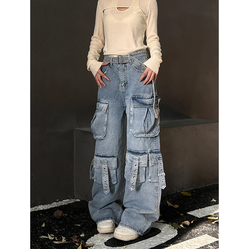 Y2K Vintage Blue High Waist Wide Leg Jeans - Chic American Fashion Streetwear for Women