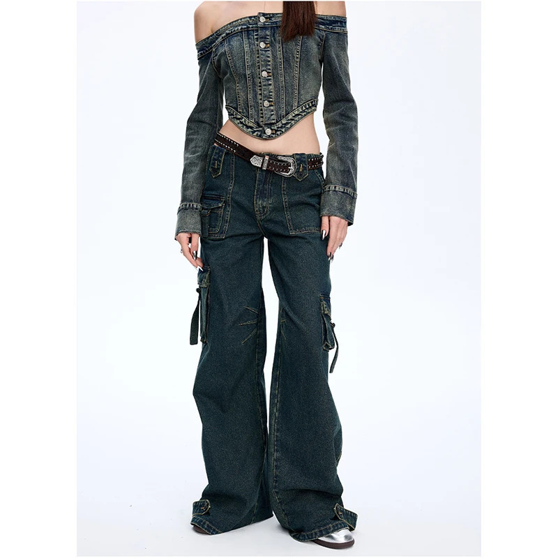 Y2K Vintage Blue Hip-hop High Waist Straight Jeans - Women's Baggy Wide Leg Denim Trouser