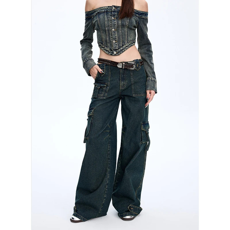 Y2K Vintage Blue Hip-hop High Waist Straight Jeans - Women's Baggy Wide Leg Denim Trouser