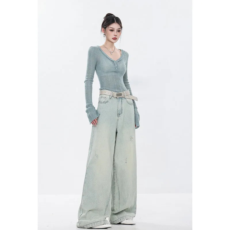 Y2K Vintage Blue Jeans - High Waist Retro Street Style Wide Leg Denim Trousers