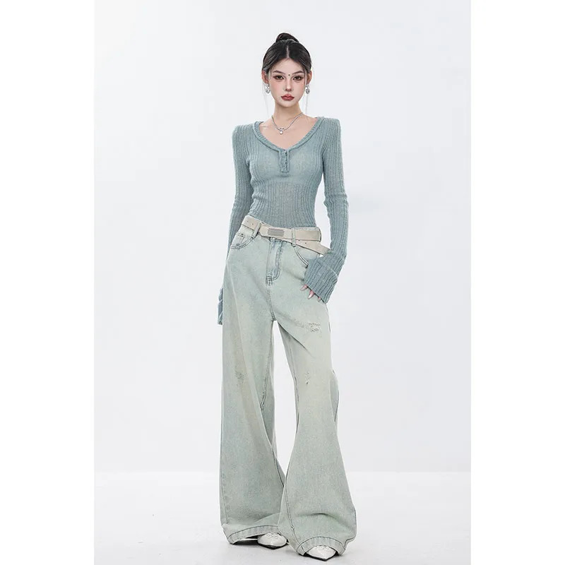 Y2K Vintage Blue Jeans - High Waist Retro Street Style Wide Leg Denim Trousers