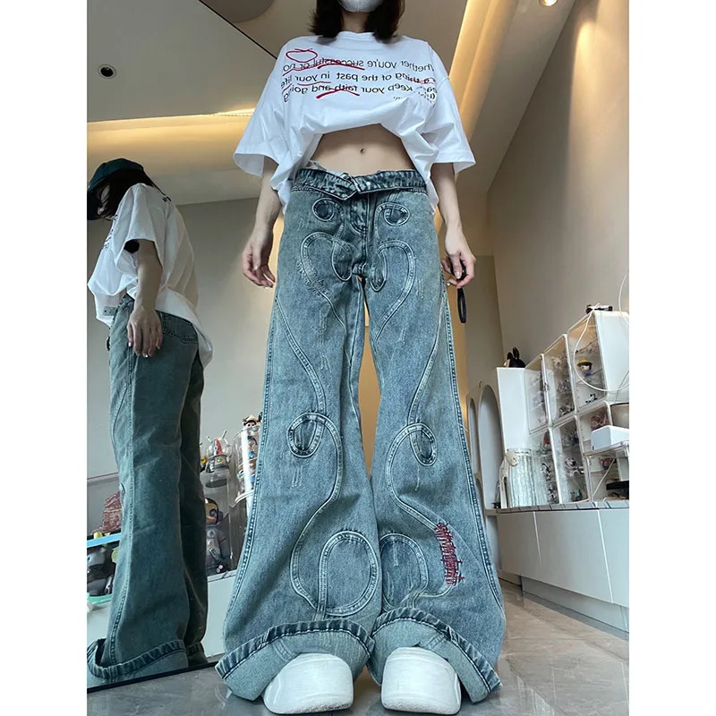 Y2K Vintage Blue Jeans: Baggy Star Cowboy Pants for Women - Harajuku Oversize Denim Trousers