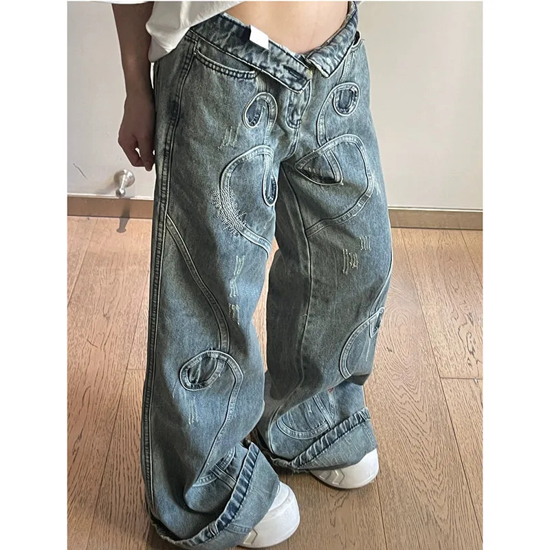 Y2K Vintage Blue Jeans: Baggy Star Cowboy Pants for Women - Harajuku Oversize Denim Trousers