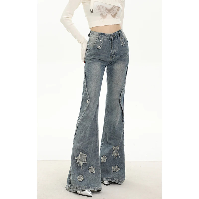 Y2K Vintage Blue Jeans: High Street Embroidered Denim Trouser