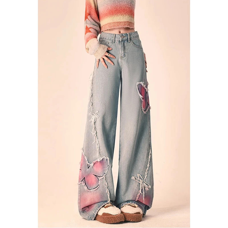 Y2K Vintage Blue Jeans: High Street Embroidered Denim Trouser