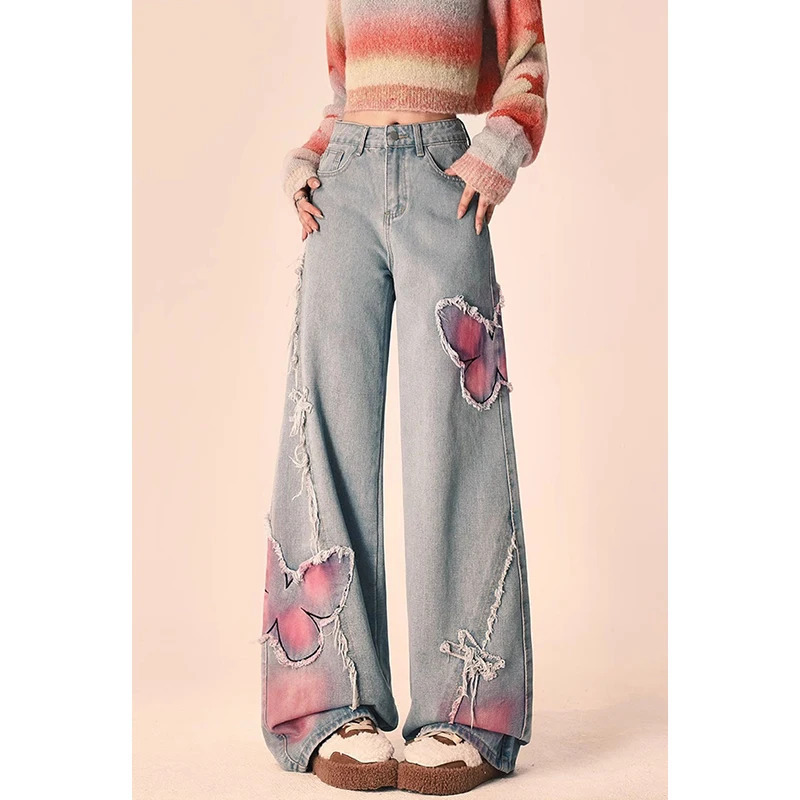 Y2K Vintage Blue Jeans: High Street Embroidered Denim Trouser