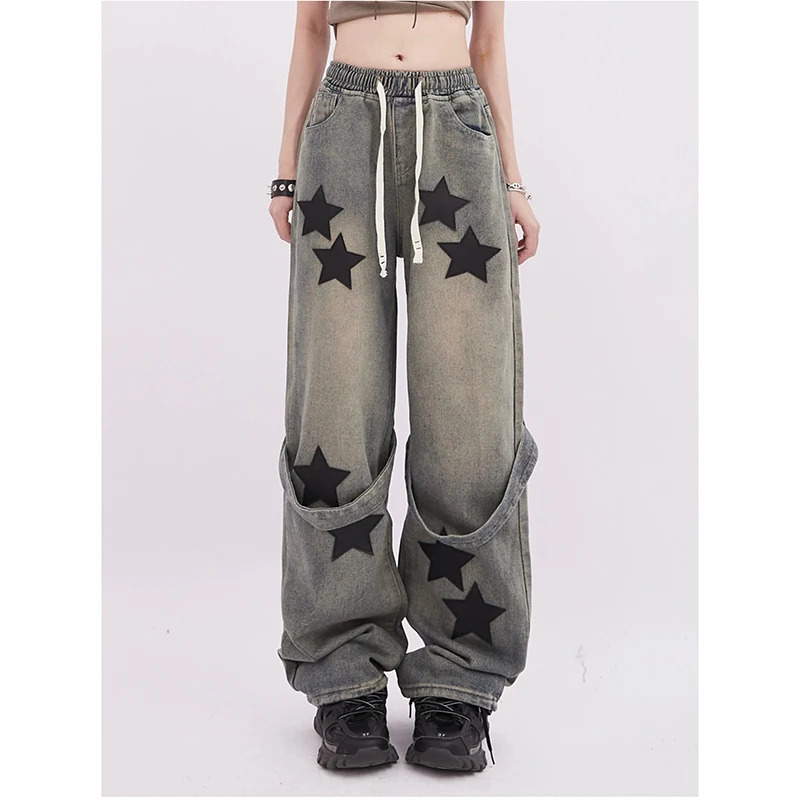 Y2K Vintage Blue Jeans: High Waist American Streetwear Wide Leg Pants