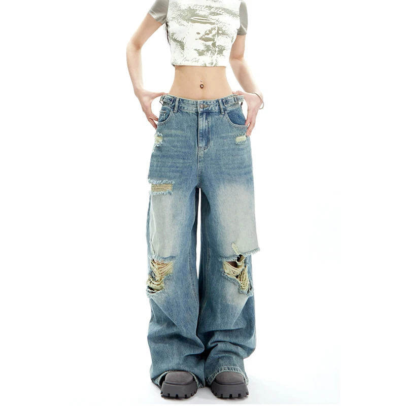 Y2K Vintage Blue Jeans: High Waist Wide Leg Streetwear Pants