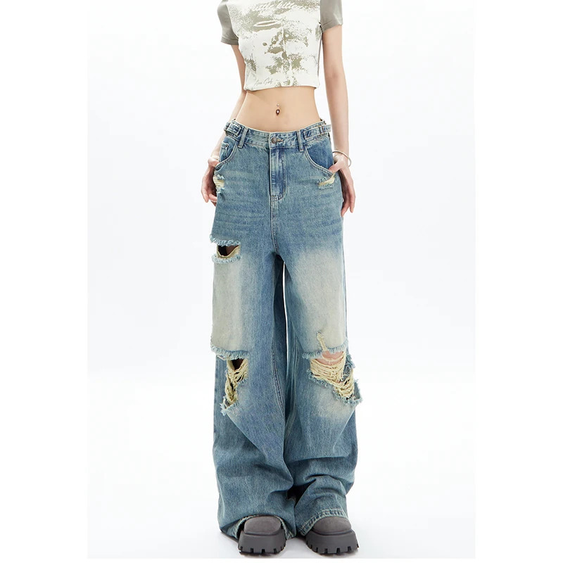 Y2K Vintage Blue Jeans: High Waist Wide Leg Streetwear Pants