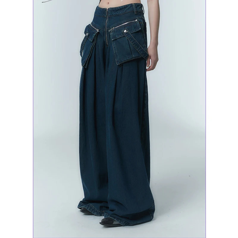 Y2K Vintage Blue Jeans: Solid Straight Baggy Pants for Women