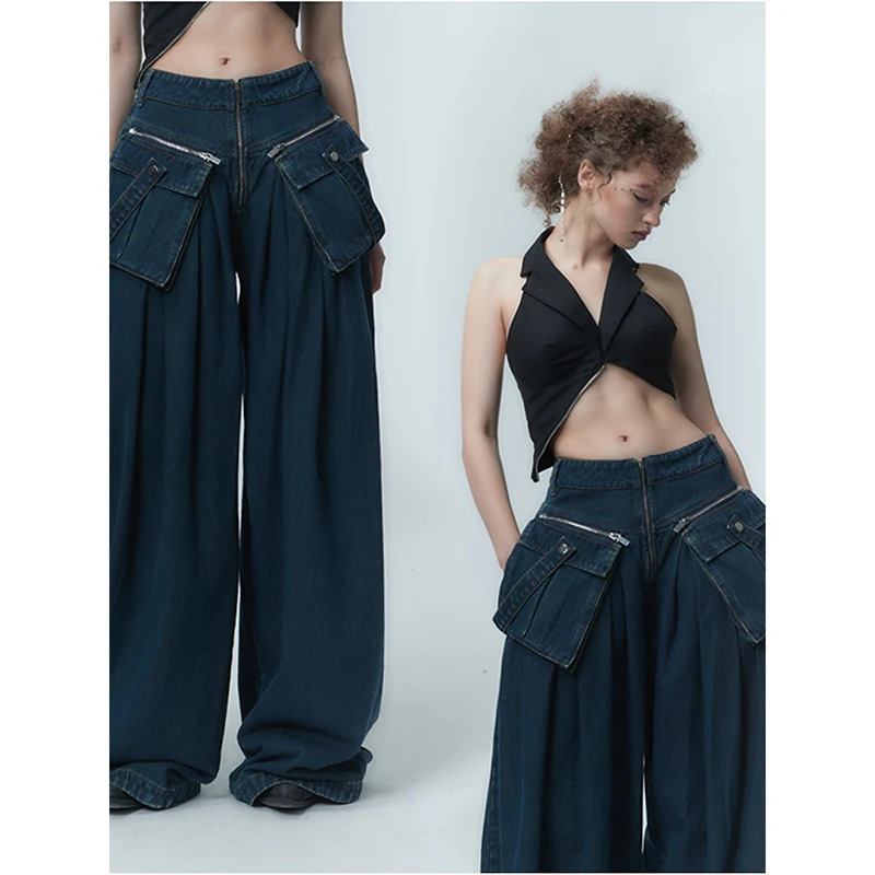 Y2K Vintage Blue Jeans: Solid Straight Baggy Pants for Women