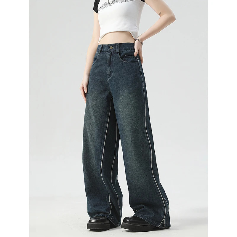 Y2K Vintage Blue Jeans Stripe High Waist Wide Leg Pants - American Streetwear Fashion