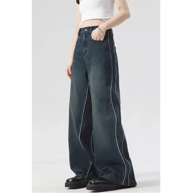 Y2K Vintage Blue Jeans Stripe High Waist Wide Leg Pants - American Streetwear Fashion