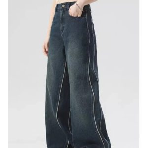 Y2K Vintage Blue Jeans Stripe High Waist Wide Leg Pants - American Streetwear Fashion