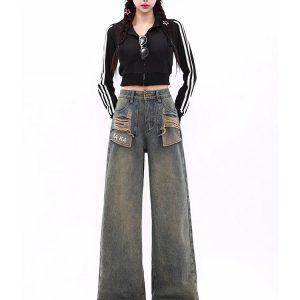 Y2K Vintage Blue Ripped Jeans: American Streetwear Style for Women