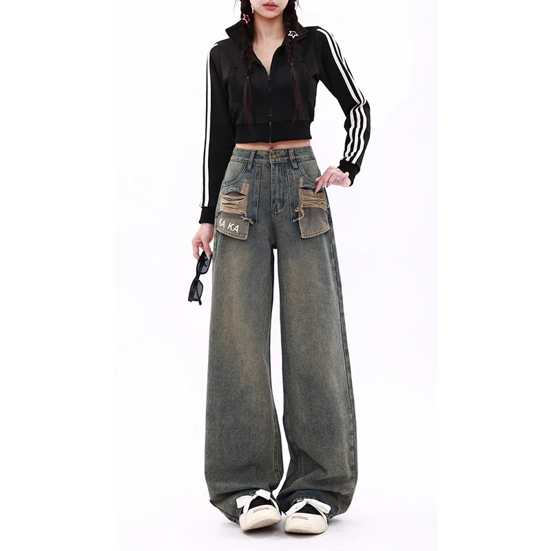 Y2K Vintage Blue Ripped Jeans: American Streetwear Style for Women