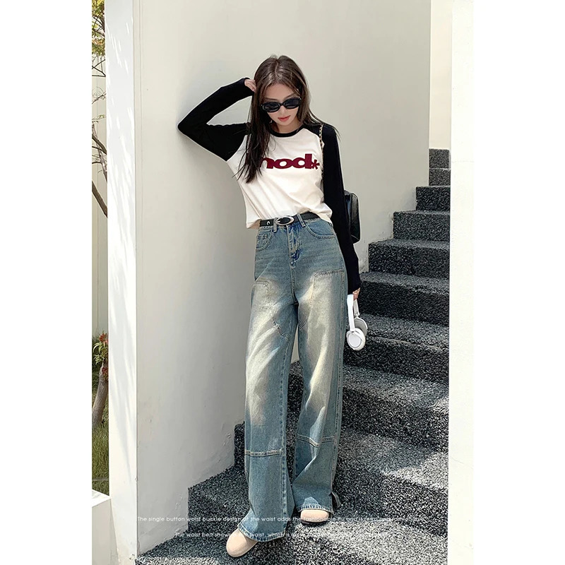 Y2K Vintage Blue Ripped Jeans: High Waist Wide Leg Denim Trouser