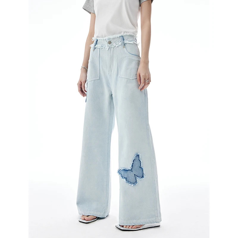 Y2K Vintage Blue Women's Jeans: High Street Embroidered Denim Pants