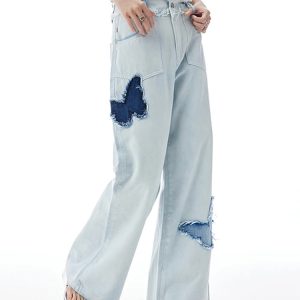 Y2K Vintage Blue Women's Jeans: High Street Embroidered Denim Pants