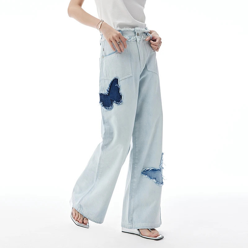 Y2K Vintage Blue Women's Jeans: High Street Embroidered Denim Pants