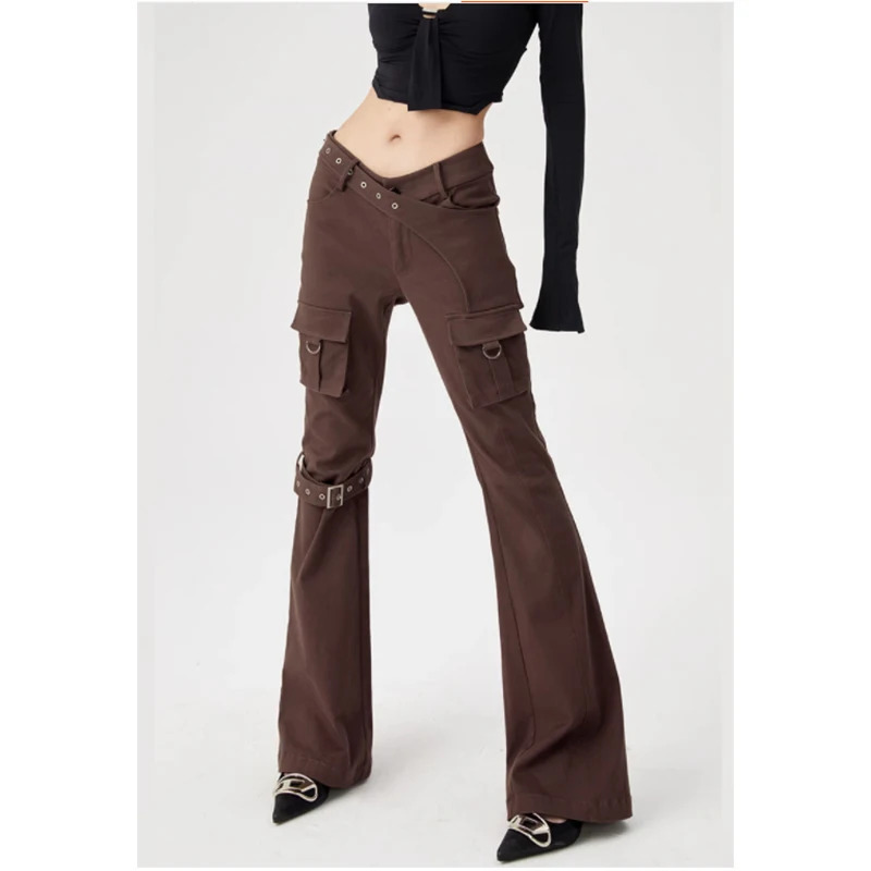 Y2K Vintage Brown Jeans with Wide Leg and Patchwork Belt - Women's Casual Denim Trouser