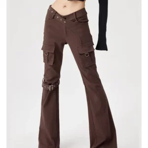 Y2K Vintage Brown Jeans with Wide Leg and Patchwork Belt - Women's Casual Denim Trouser