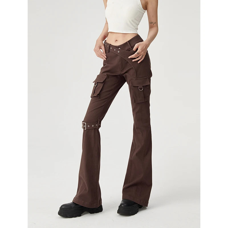 Y2K Vintage Brown Jeans with Wide Leg and Patchwork Belt - Women's Casual Denim Trouser