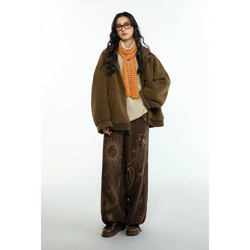 Y2K Vintage Brown Print High Waist Wide Leg Pants - Women's Casual Summer Fashion