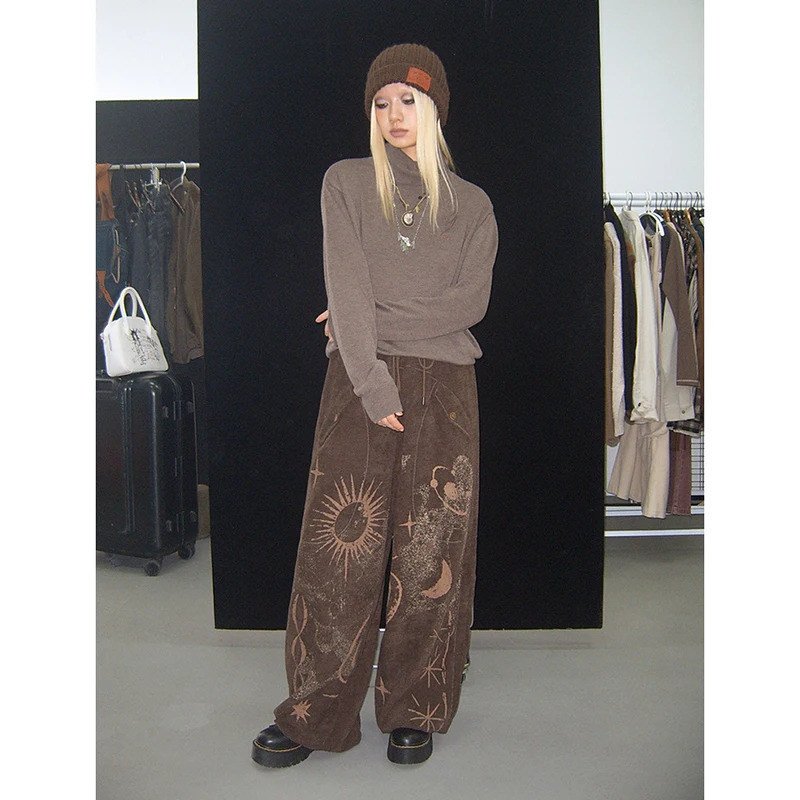 Y2K Vintage Brown Print High Waist Wide Leg Pants - Women's Casual Summer Fashion