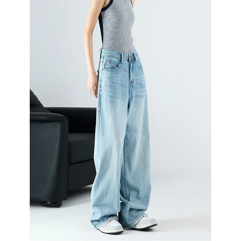 Y2K Vintage Casual Blue Straight Jeans - High Waist Street Style Wide Leg Denim Trouser