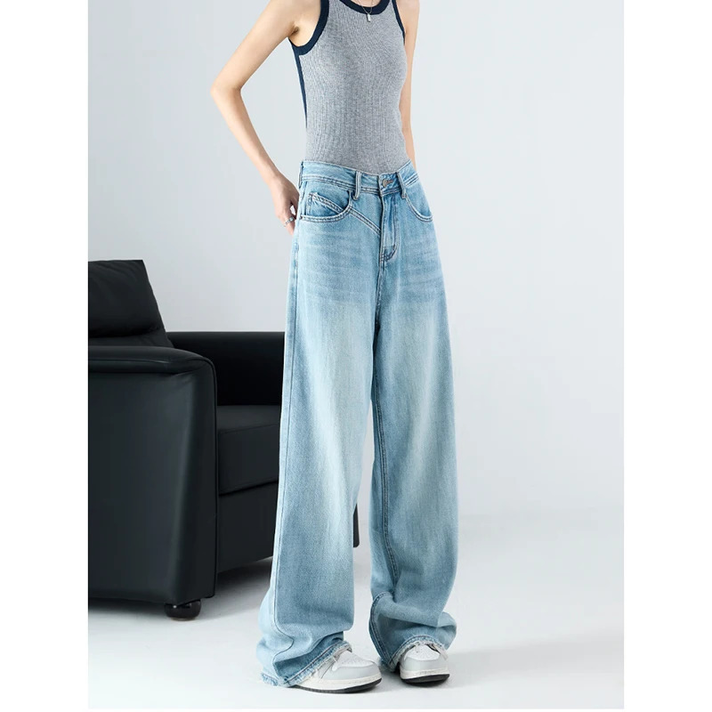 Y2K Vintage Casual Blue Straight Jeans - High Waist Street Style Wide Leg Denim Trouser