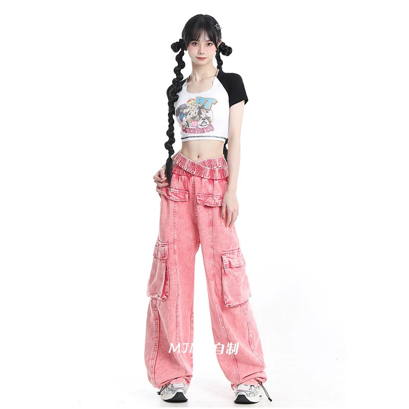 Y2K Vintage Chic Pink Jeans - American Style Wide Leg Pants