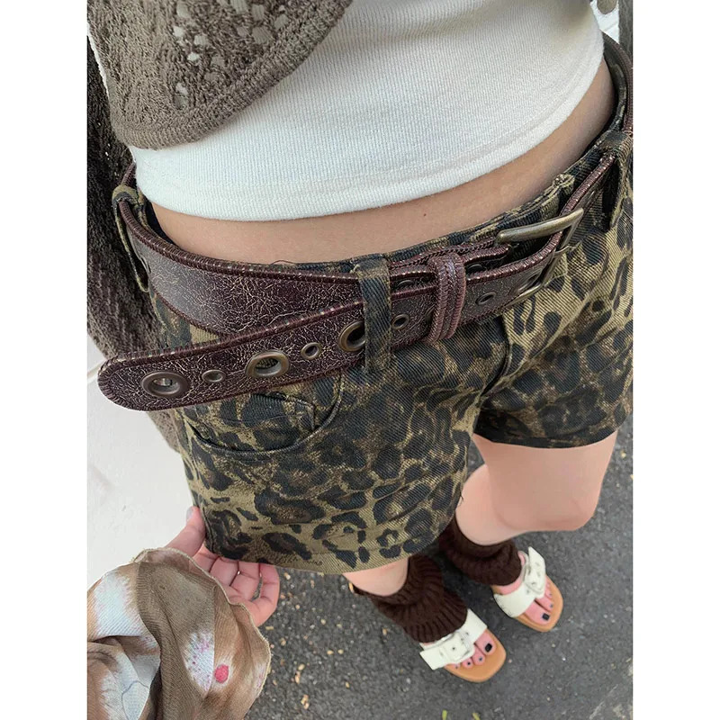 Y2K Vintage Denim Shorts with Leopard Print - High Waisted Cargo Pants for Women