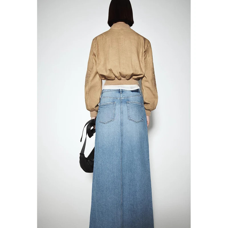 Y2K Vintage Denim Skirt - High Waist Slit Casual Mid-Length Retro Style