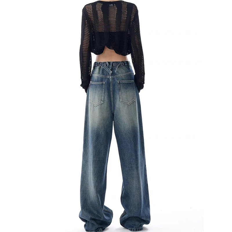 Y2K Vintage Denim Trouser: High Waist Street Style Blue Straight Pants - Women's Wide Leg Baggy Jeans