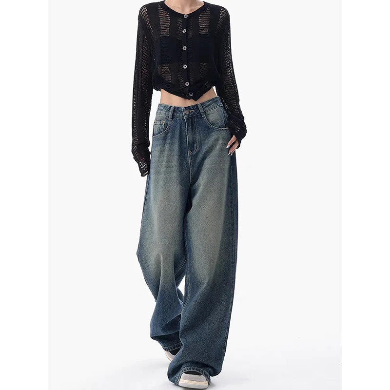 Y2K Vintage Denim Trouser: High Waist Street Style Blue Straight Pants - Women's Wide Leg Baggy Jeans