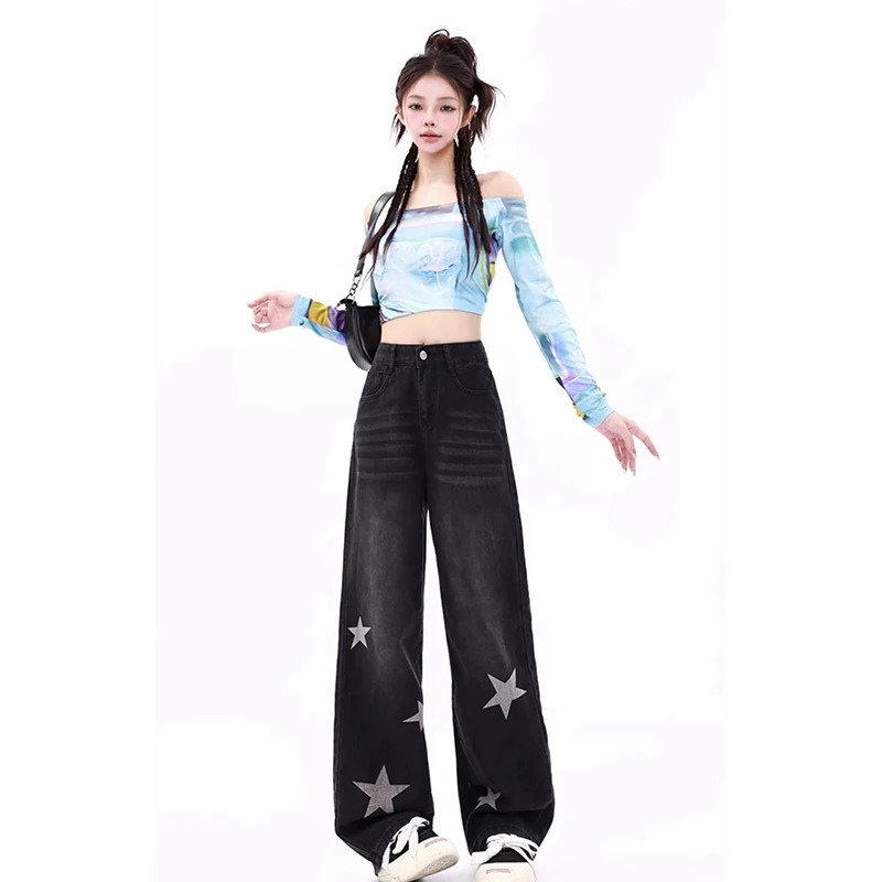 Y2K Vintage Embroidered High Waist Black Jeans - American Streetwear Wide Leg Denim Pants