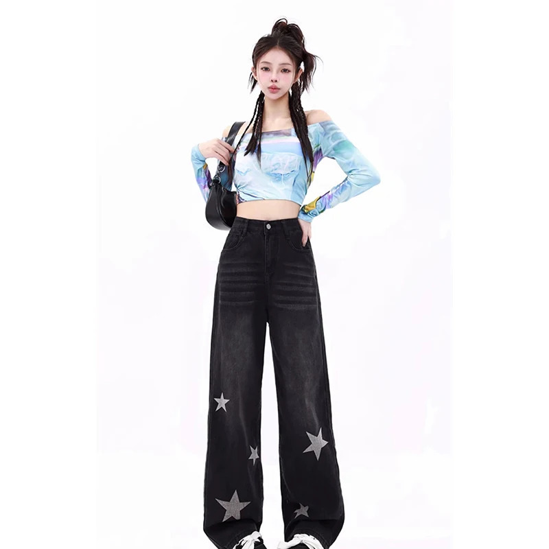 Y2K Vintage Embroidered High Waist Black Jeans - American Streetwear Wide Leg Denim Pants