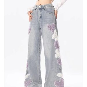 Y2K Vintage Embroidered High Waist Blue Jeans - American Streetwear Fashion