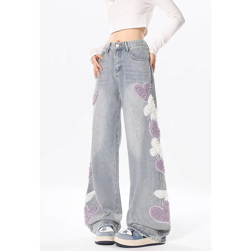 Y2K Vintage Embroidered High Waist Blue Jeans - American Streetwear Fashion