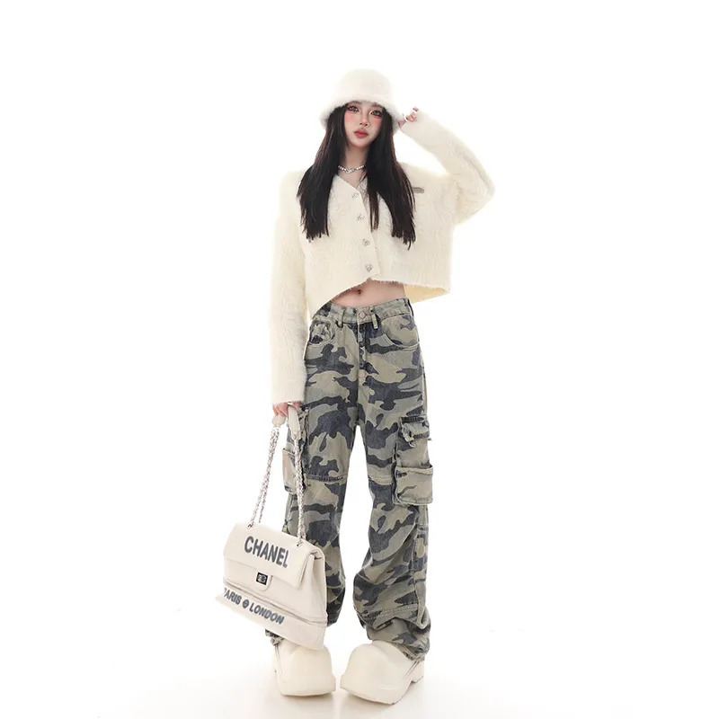 Y2K Vintage Flare Jeans: Camouflage High Waist Street Casual Trousers