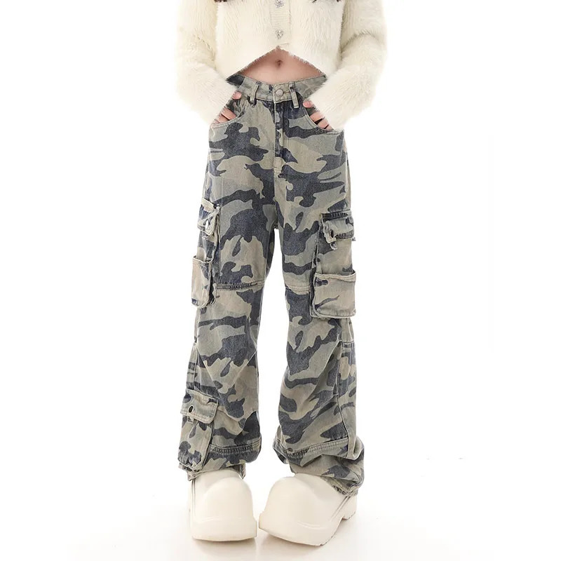 Y2K Vintage Flare Jeans: Camouflage High Waist Street Casual Trousers