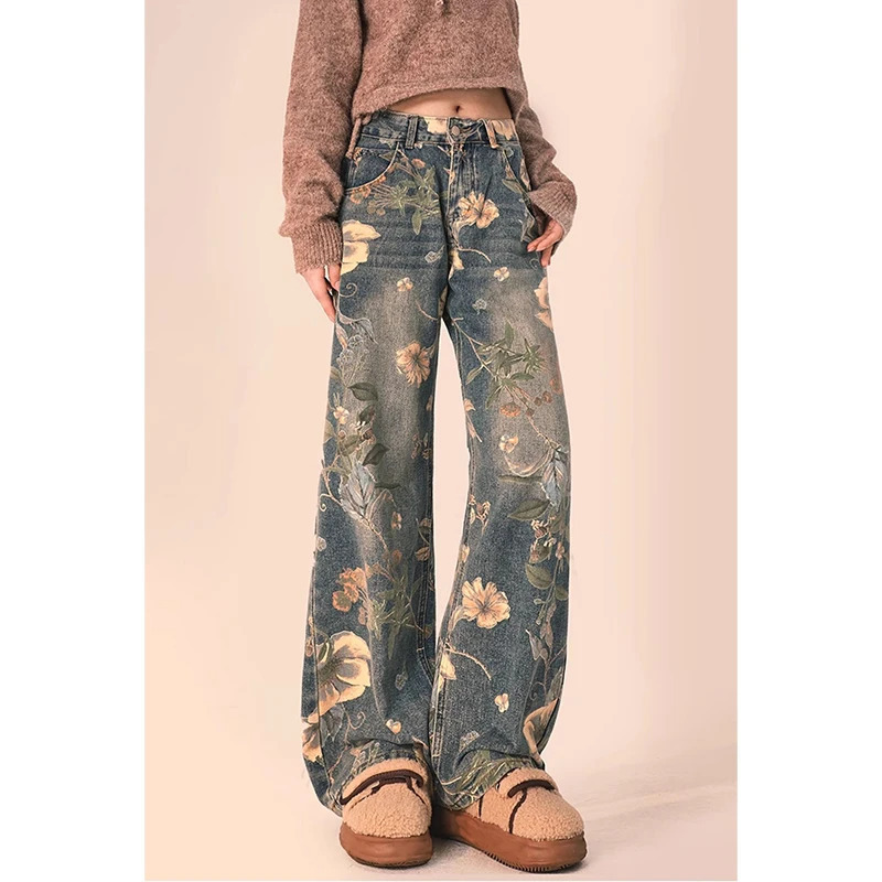 Y2K Vintage Floral Print High Waist Wide Leg Denim Trouser