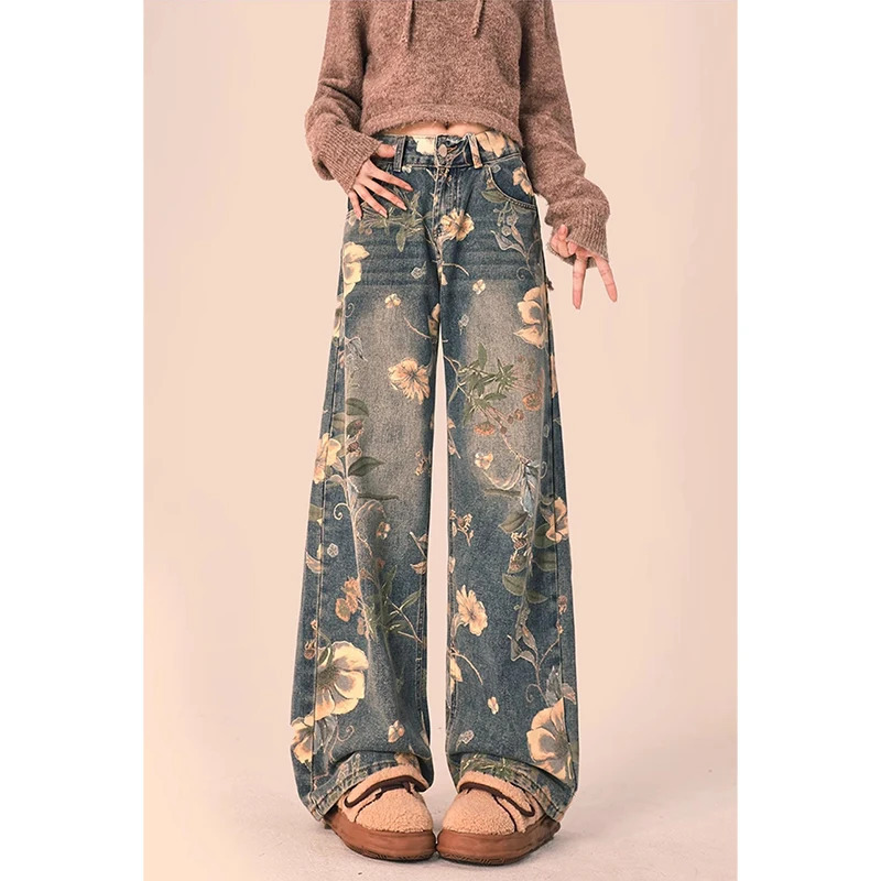 Y2K Vintage Floral Print High Waist Wide Leg Denim Trouser